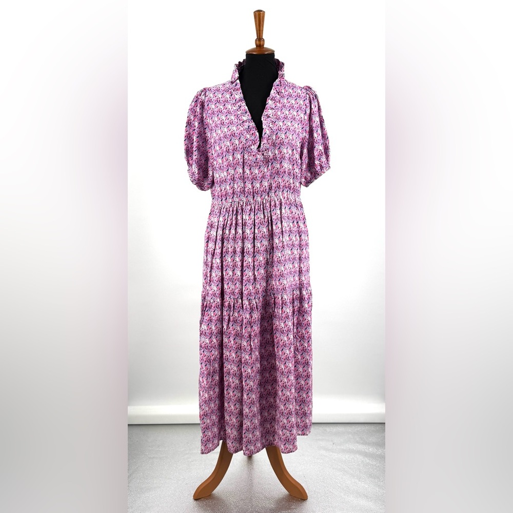Simply Southern Pink Paisley Print Midi Dress Ruffle Neck Short Sleeves Size L